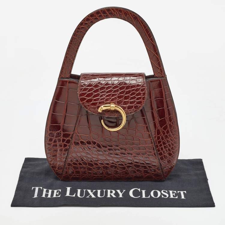 Pre Owned Cartier Brown Crocodile Panther Logo Shoulder Bag