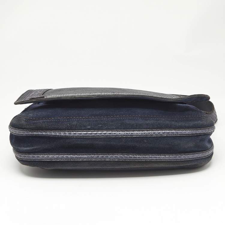 Pre Owned Cartier Navy Blue Suede and Python Marcello de Cartier Saddle Bag