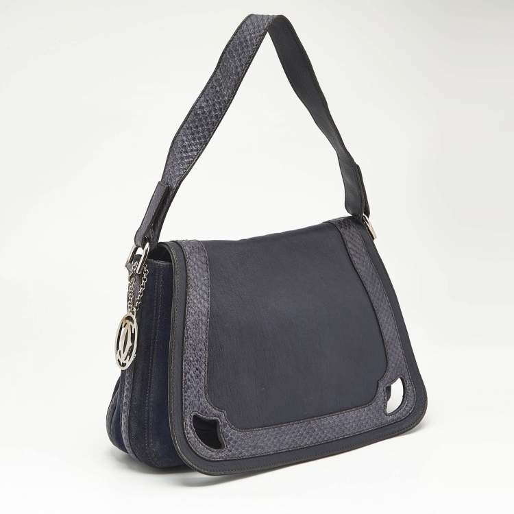 Pre Owned Cartier Navy Blue Suede and Python Marcello de Cartier Saddle Bag