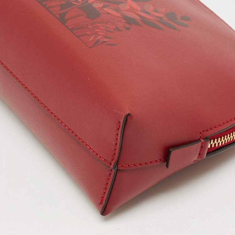 Pre Owned Cartier Red Panthere Logo Leather Zip Cosmetic Pouch