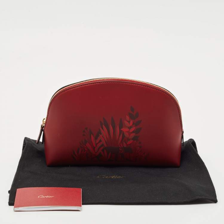 Pre Owned Cartier Red Panthere Logo Leather Zip Cosmetic Pouch