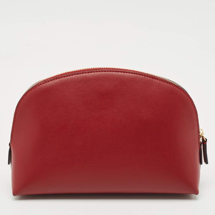 Pre Owned Cartier Red Panthere Logo Leather Zip Cosmetic Pouch