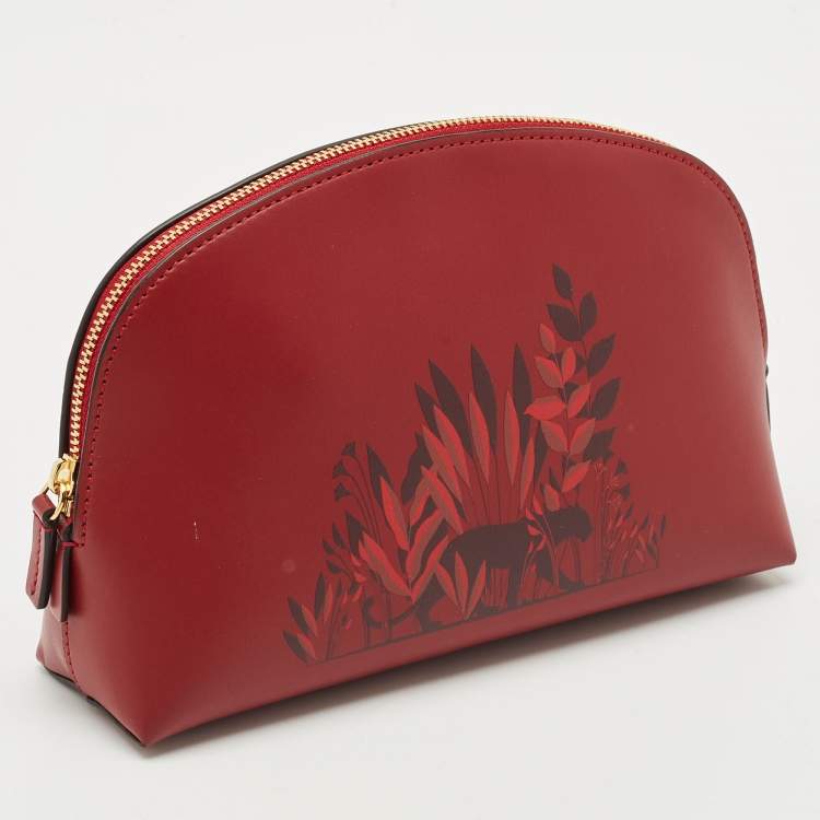 Pre Owned Cartier Red Panthere Logo Leather Zip Cosmetic Pouch