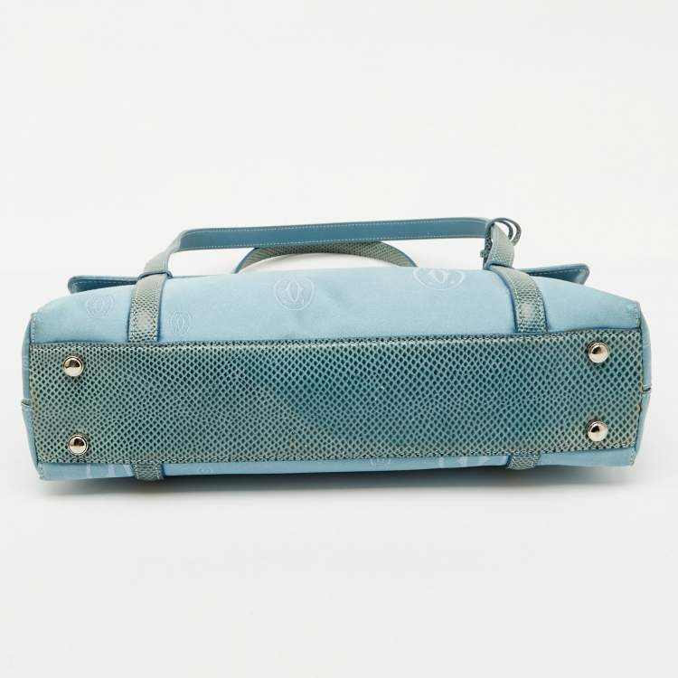 Pre Owned Cartier Blue Satin and Karung Leather Trimmed Happy Birthday Cabochon Flap Bag