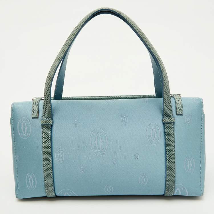 Pre Owned Cartier Blue Satin and Karung Leather Trimmed Happy Birthday Cabochon Flap Bag