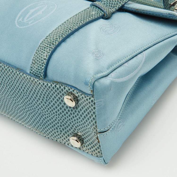 Pre Owned Cartier Blue Satin and Karung Leather Trimmed Happy Birthday Cabochon Flap Bag