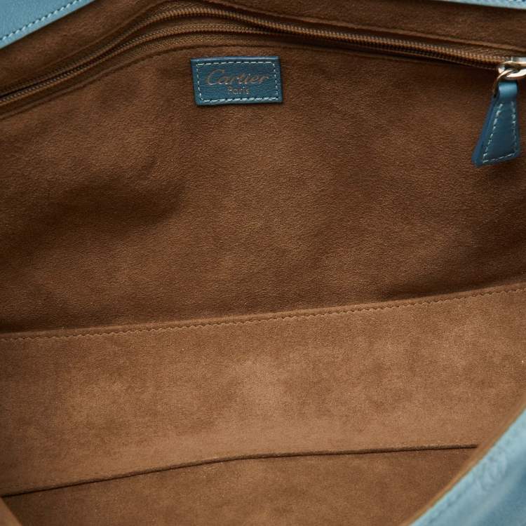 Pre Owned Cartier Blue Satin and Karung Leather Trimmed Happy Birthday Cabochon Flap Bag
