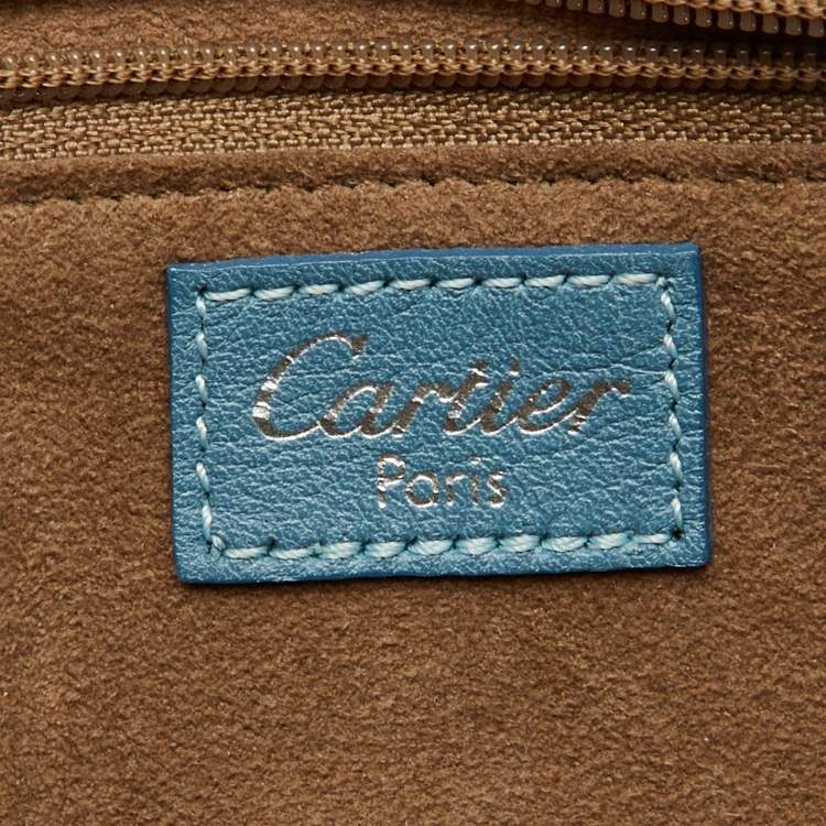 Pre Owned Cartier Blue Satin and Karung Leather Trimmed Happy Birthday Cabochon Flap Bag