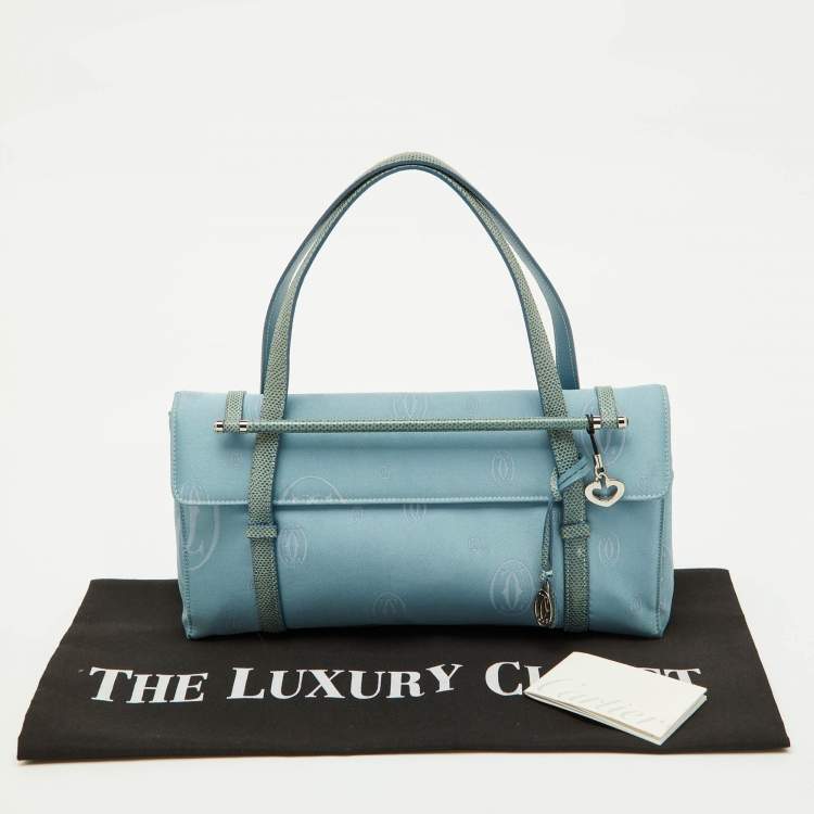 Pre Owned Cartier Blue Satin and Karung Leather Trimmed Happy Birthday Cabochon Flap Bag