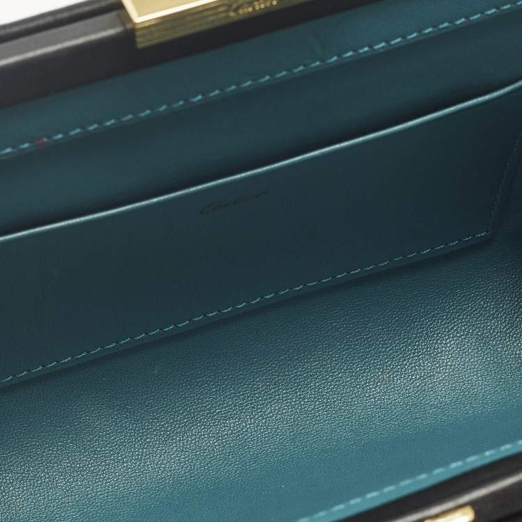 Pre Owned Cartier Black/Teal Satin and Leather Embroidered Panthere De Cartier Chain Clutch