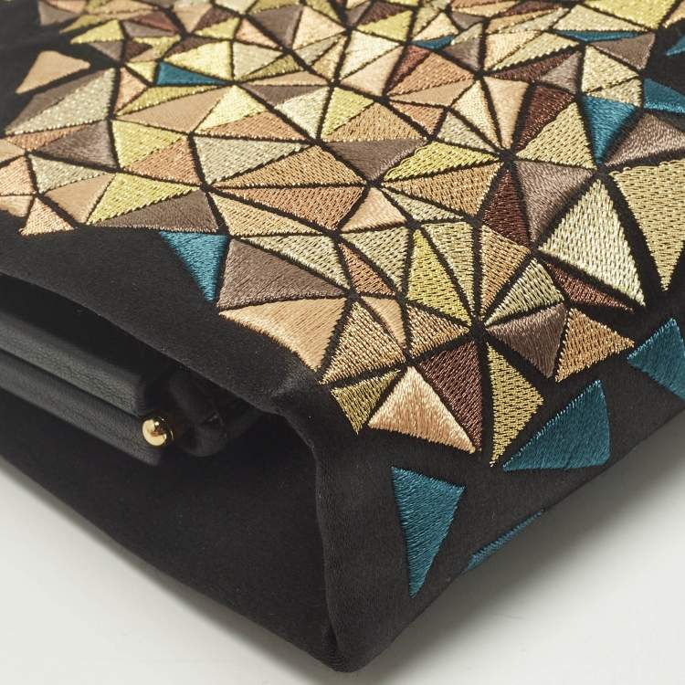 Pre Owned Cartier Black/Teal Satin and Leather Embroidered Panthere De Cartier Chain Clutch