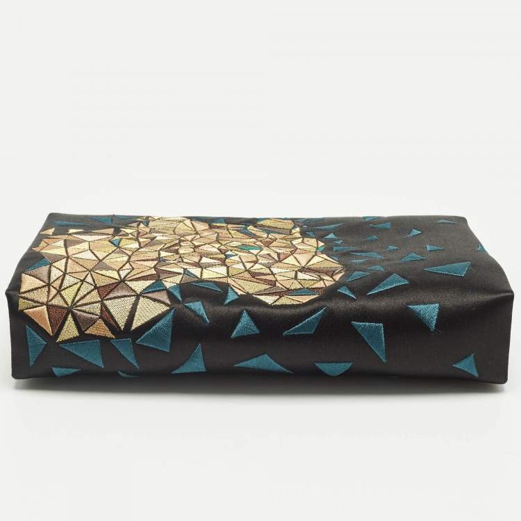 Pre Owned Cartier Black/Teal Satin and Leather Embroidered Panthere De Cartier Chain Clutch