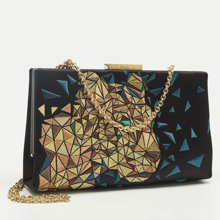 Pre Owned Cartier Black/Teal Satin and Leather Embroidered Panthere De Cartier Chain Clutch