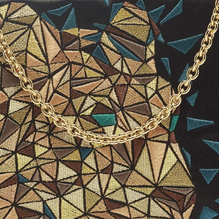 Pre Owned Cartier Black/Teal Satin and Leather Embroidered Panthere De Cartier Chain Clutch