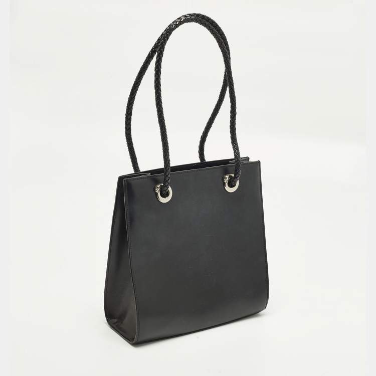 Pre Owned Cartier Panthere Black Leather Braided Handle Tote