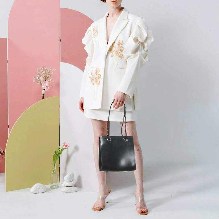 Pre Owned Cartier Panthere Black Leather Braided Handle Tote