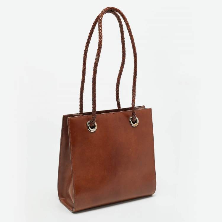 Pre Owned Cartier Panthere Brown Glossy Leather Braided Handle Tote