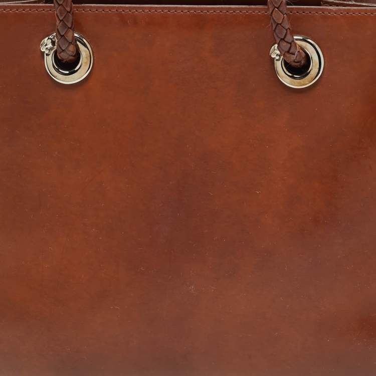 Pre Owned Cartier Panthere Brown Glossy Leather Braided Handle Tote