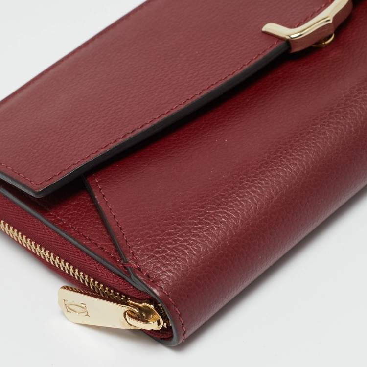 Pre Owned Cartier C De Cartier Burgundy Leather Zip Around Wallet