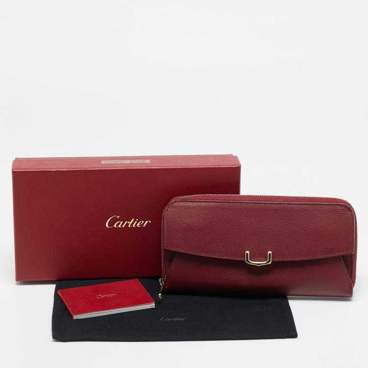Pre Owned Cartier C De Cartier Burgundy Leather Zip Around Wallet