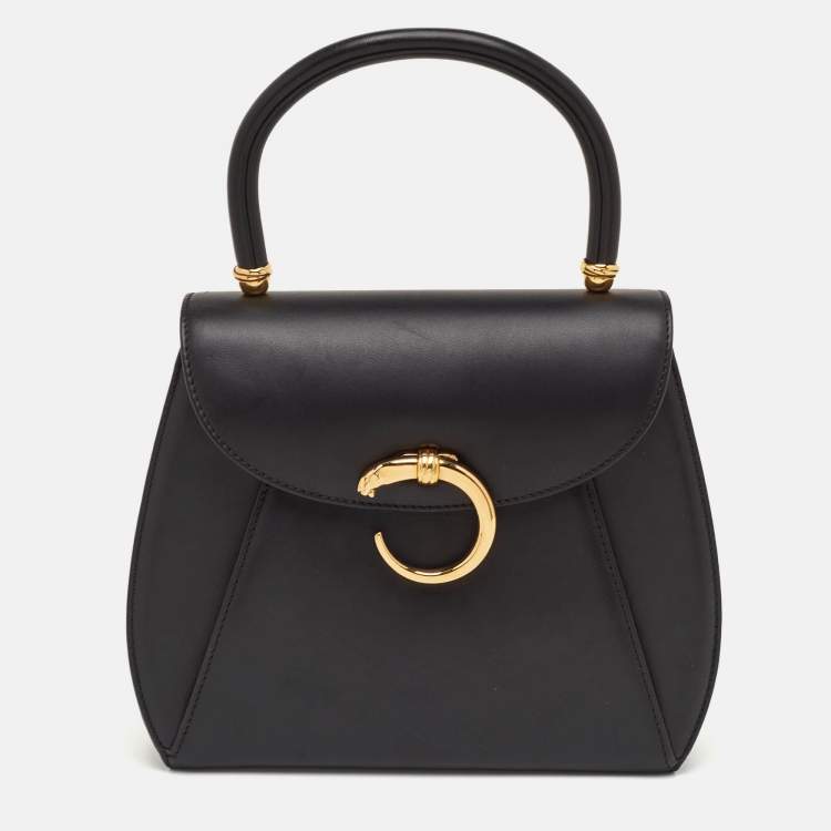 Pre Owned Cartier Panthere Black Leather Top Handle Bag