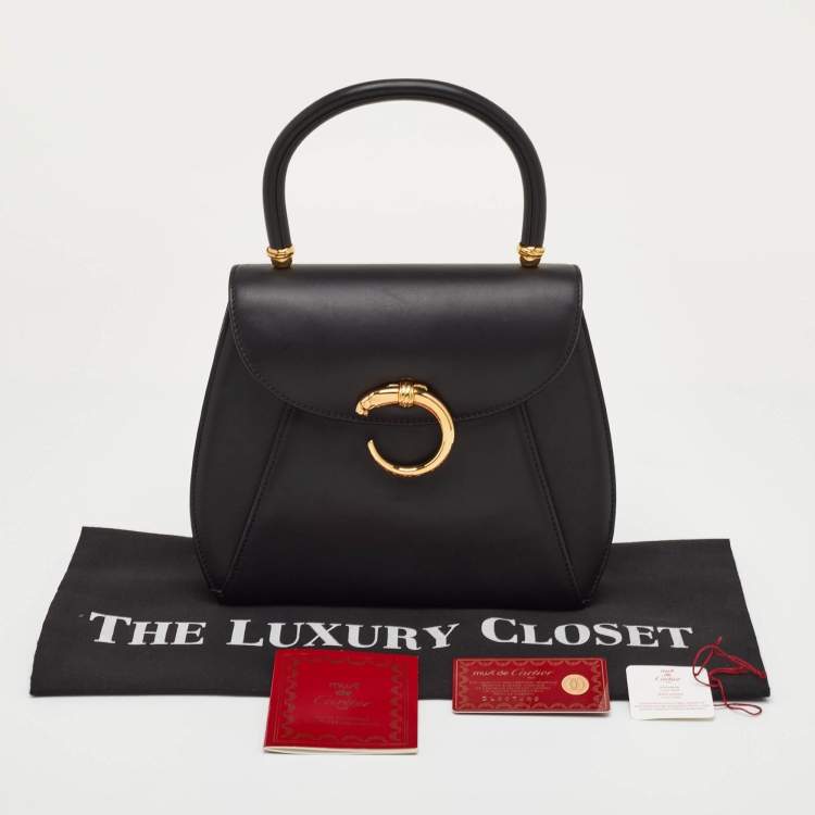 Pre Owned Cartier Panthere Black Leather Top Handle Bag
