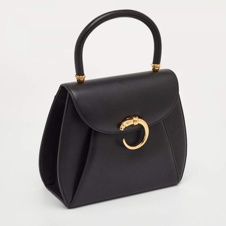 Pre Owned Cartier Panthere Black Leather Top Handle Bag