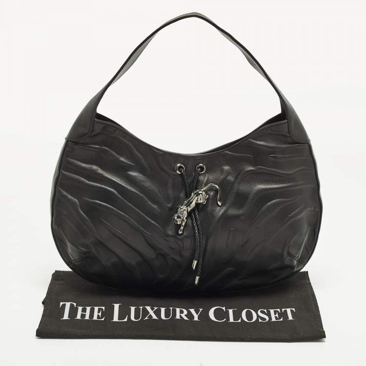 Pre Owned Cartier Panthere De Cartier Black Leather Hobo