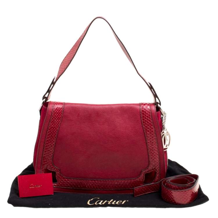 Pre Owned Cartier Maroon Leather and Snakeskin Shoulder Bag