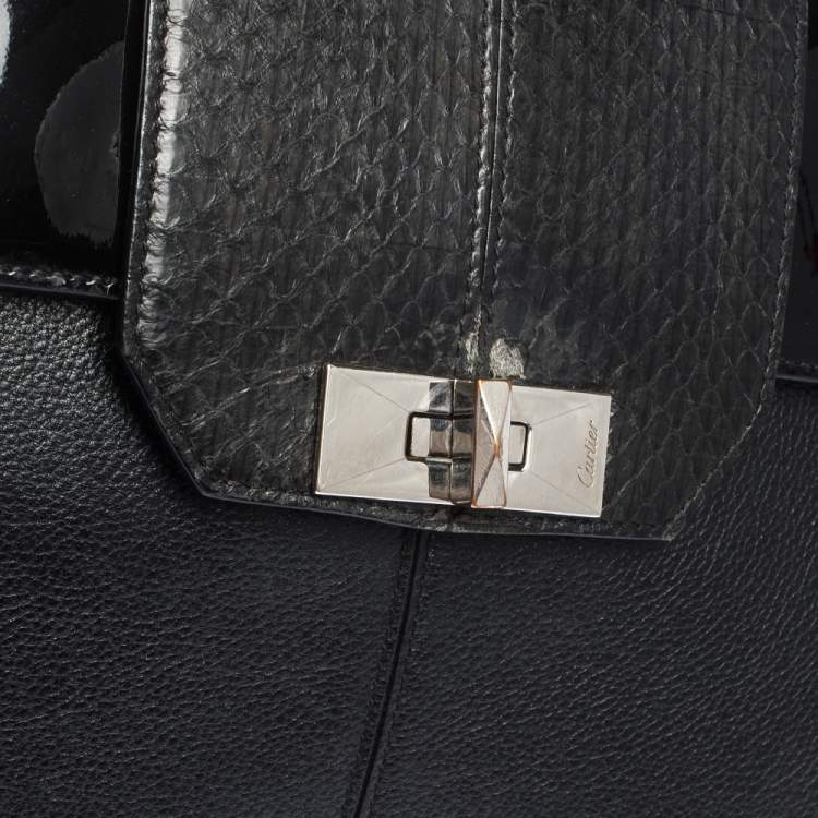 Pre Owned Cartier Black Leather and Python Classic Feminine Line Top Handle Bag