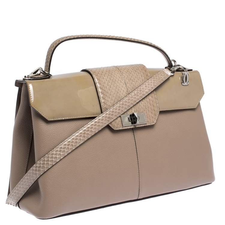 Pre Owned Cartier Beige Leather and Python Classic Feminine Line Top Handle Bag