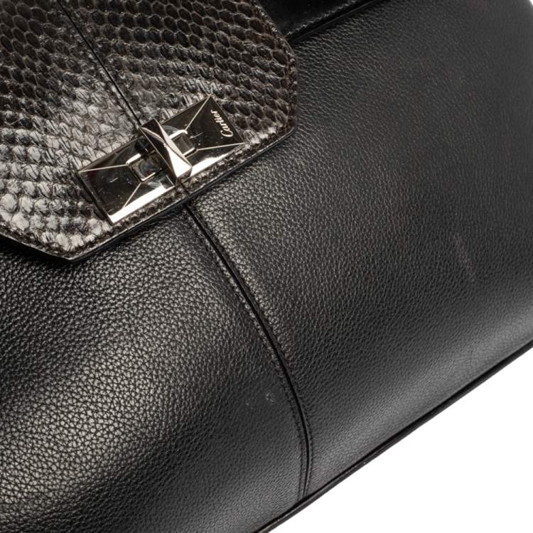 Pre Owned Cartier Black Leather and Python Classic Feminine Line Top Handle Bag