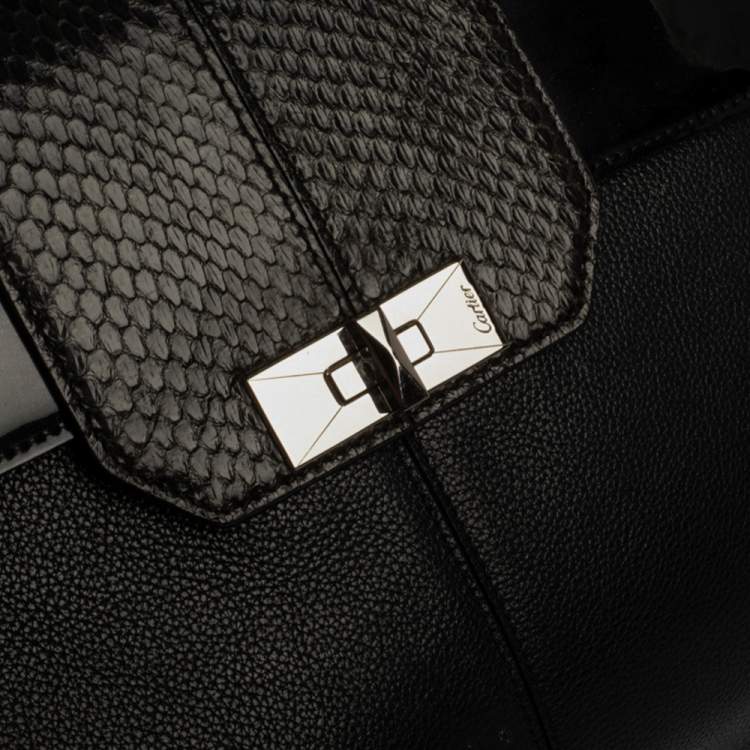 Pre Owned Cartier Black Leather and Python Classic Feminine Line Top Handle Bag