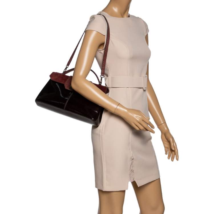 Pre Owned Cartier Burgundy Patent Leather/Suede and Python Feminine Line Top Handle Bag