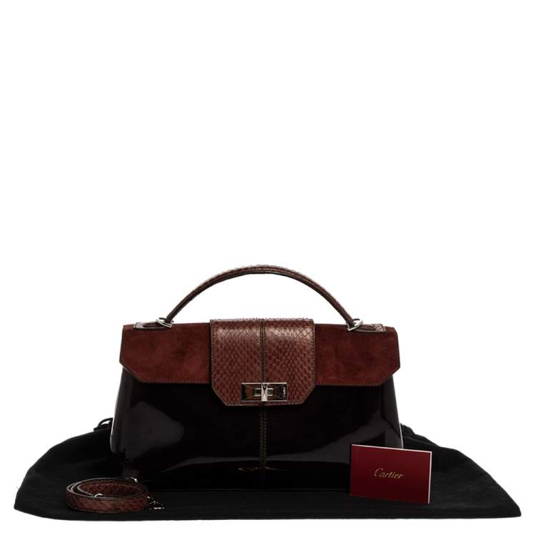 Pre Owned Cartier Burgundy Patent Leather/Suede and Python Feminine Line Top Handle Bag