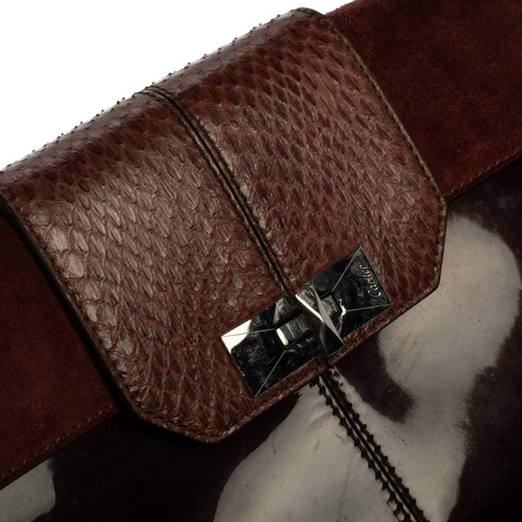 Pre Owned Cartier Burgundy Patent Leather/Suede and Python Feminine Line Top Handle Bag