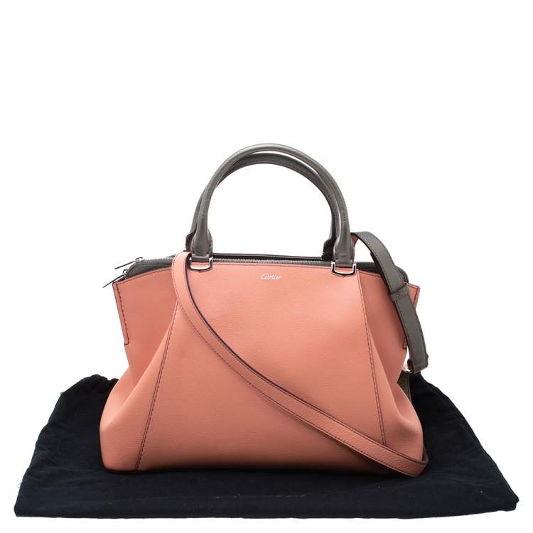 Pre Owned Cartier Coral/Olive Green Leather C De Cartier Small Tote