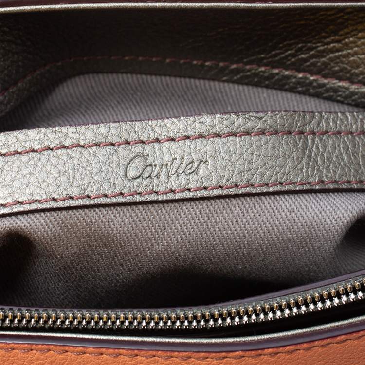 Pre Owned Cartier Coral/Olive Green Leather C De Cartier Small Tote