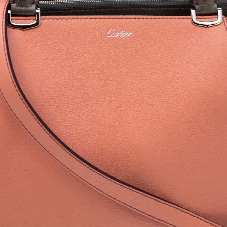 Pre Owned Cartier Coral/Olive Green Leather C De Cartier Small Tote