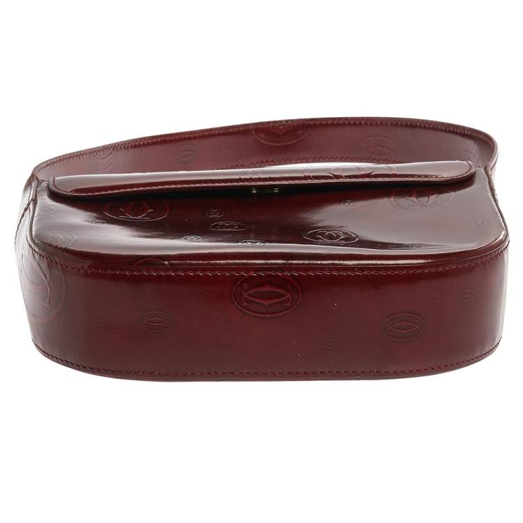 Pre Owned Cartier Burgundy Logo Embossed Patent Leather Flap Hobo