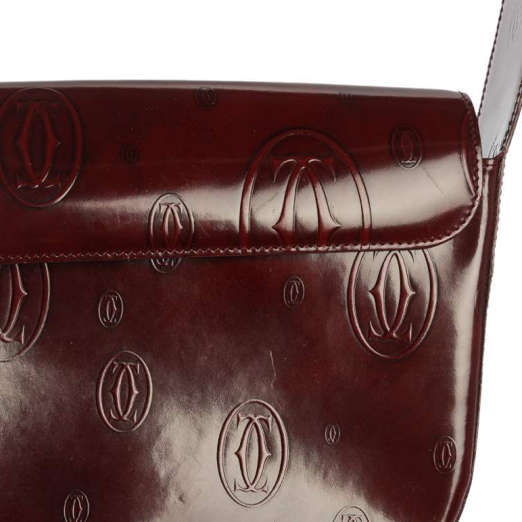 Pre Owned Cartier Burgundy Logo Embossed Patent Leather Flap Hobo