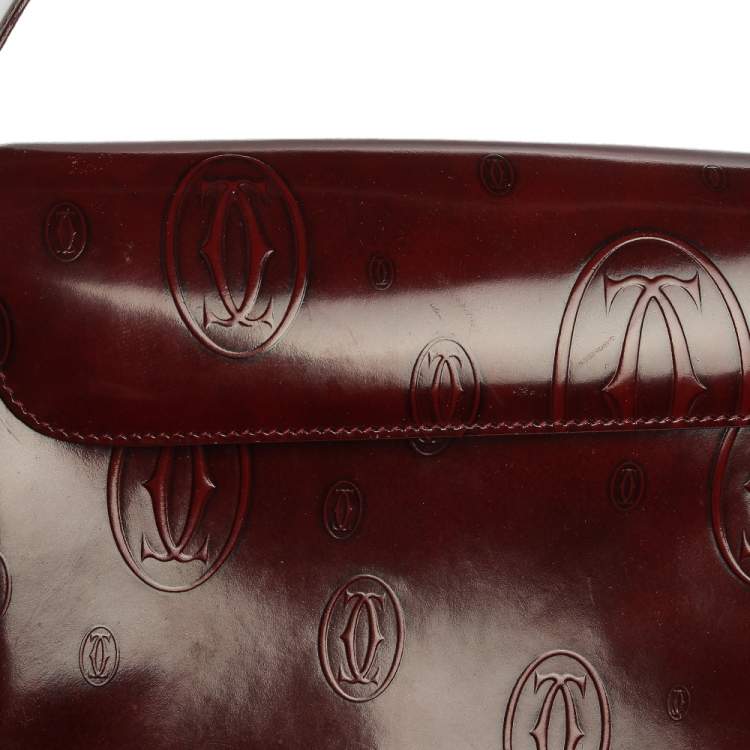 Pre Owned Cartier Burgundy Logo Embossed Patent Leather Flap Hobo