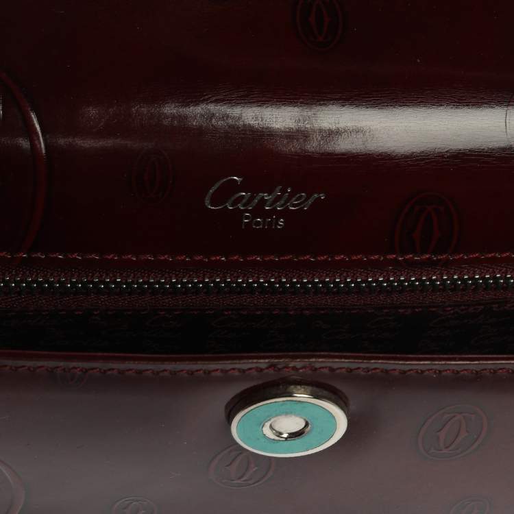 Pre Owned Cartier Burgundy Logo Embossed Patent Leather Flap Hobo