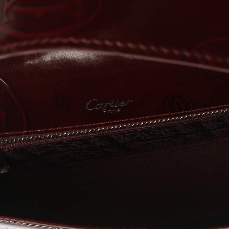 Pre Owned Cartier Burgundy Logo Embossed Patent Leather Flap Hobo