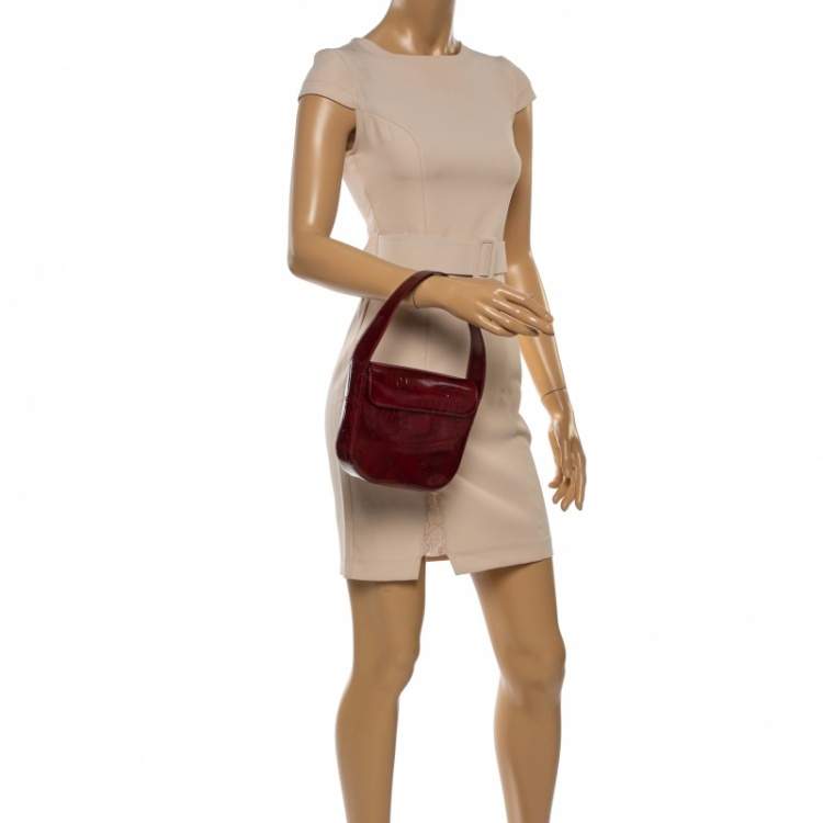 Pre Owned Cartier Burgundy Logo Embossed Patent Leather Flap Hobo