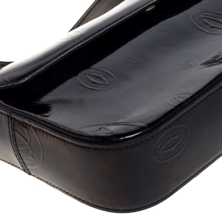 مملوكة مسبقًا Cartier Black Embossed Patent Leather Flap Baguette Shoulder Bag