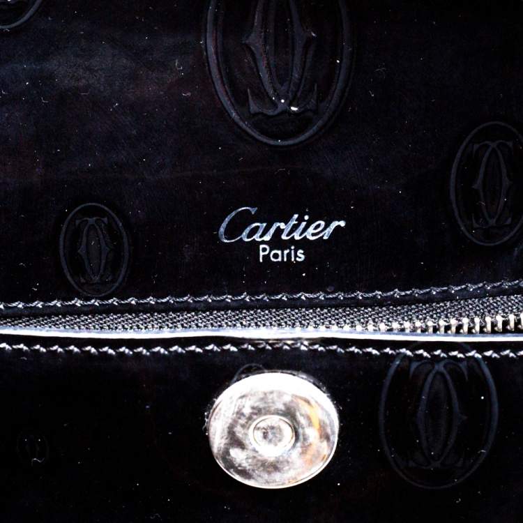 مملوكة مسبقًا Cartier Black Embossed Patent Leather Flap Baguette Shoulder Bag
