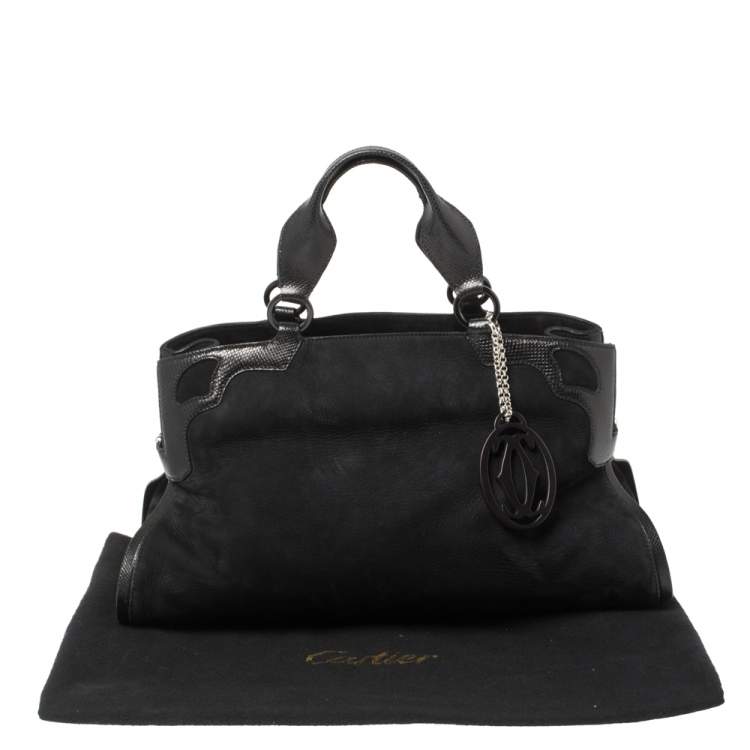 Pre Owned Cartier Black Nubuck Leather and Lizard Embossed Marcello De Cartier Bag