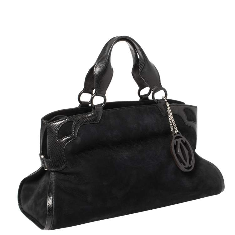 Pre Owned Cartier Black Nubuck Leather and Lizard Embossed Marcello De Cartier Bag