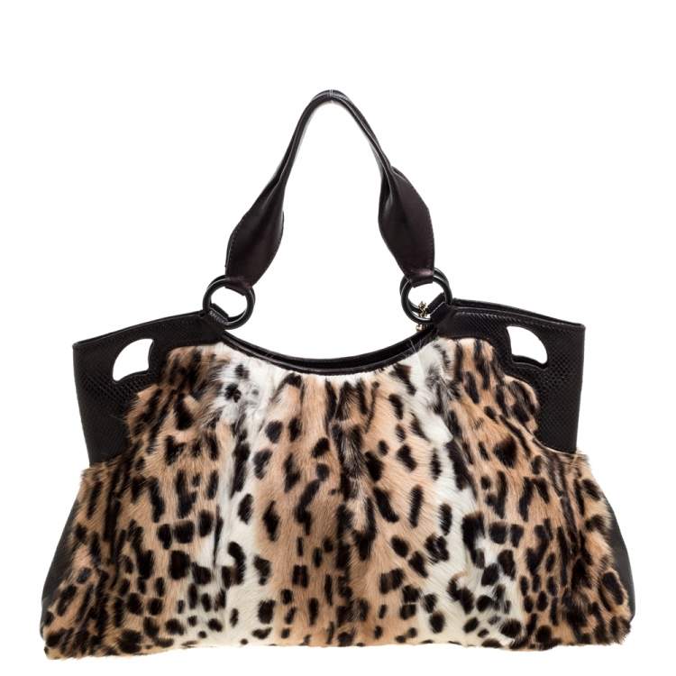 Pre Owned Cartier Beige/Dark Brown Leopard Print Calfhair/Lizard and Leather Marcello De Cartier Bag